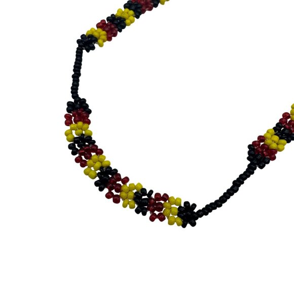 Multicolor Beaded Necklace Flower Pattern Handmade Red Yellow Black Tribal Style - Picture 2 of 4